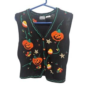 VTG 90s Halloween Sweater Vest Orange Black Pumpkin Basic Edition Women's Large